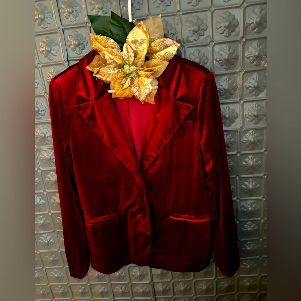 RED STRETCH VELVET, Size 4, Delphine brand VINTAGE, as new, ‘Streamline Blazer’